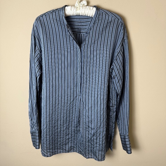 Vince 100% Silk Popover Tunic Shirt Womens Small Blue Stripe Top Work Blouse - Picture 1 of 8